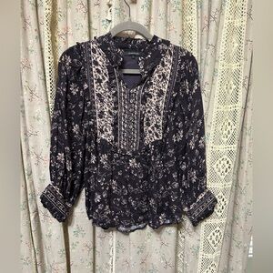 Olivaceous Deep Purple Floral Boho Whimsigoth Ruffle Neck Top Size Large